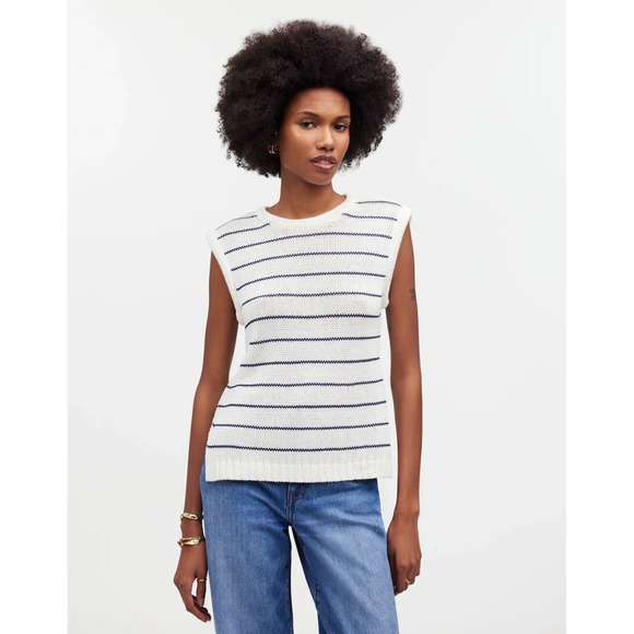 Madewell Sweaters - MADEWELL Sweater Vest Women M Puff-Trim Cotton Linen Pullover NEW Stripe NQ977‎
